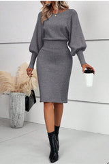 Crew Neck Lantern Sleeve Sweater Dress