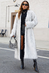 Plush Faux Fur V-Neck Long Overcoat