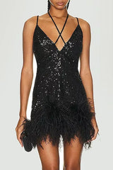 Glitter Panel Feather Trim Dress