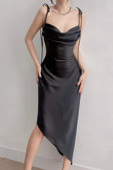 Satin Slip Asymmetrical Ruched Cocktail Dress S / Black