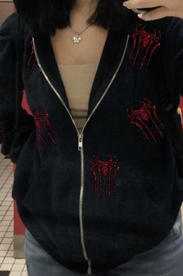 Spider Rhinestone Zipper Hoodie