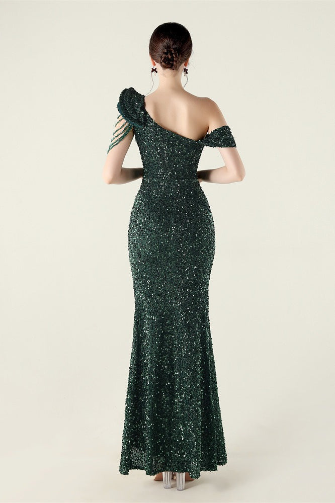 Draped One Shoulder Ruffle Formal Dress