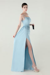 Satin Spaghetti Strap Mermaid Party Dress Blue / S