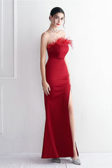 Elegant Feather Trim Strapless Formal Dress