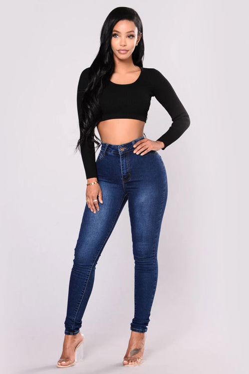 High Waist White Skinny Jeans Dark Blue / S