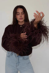 Elegant Button Solid Feather Paneled Sweater