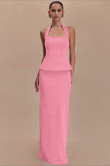 Solid Halter Backless Maxi Formal Dress S / Pink