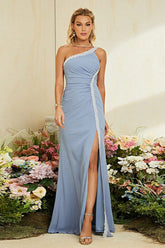 Blue One Shoulder Mermaid Slit Formal Dress S / Blue