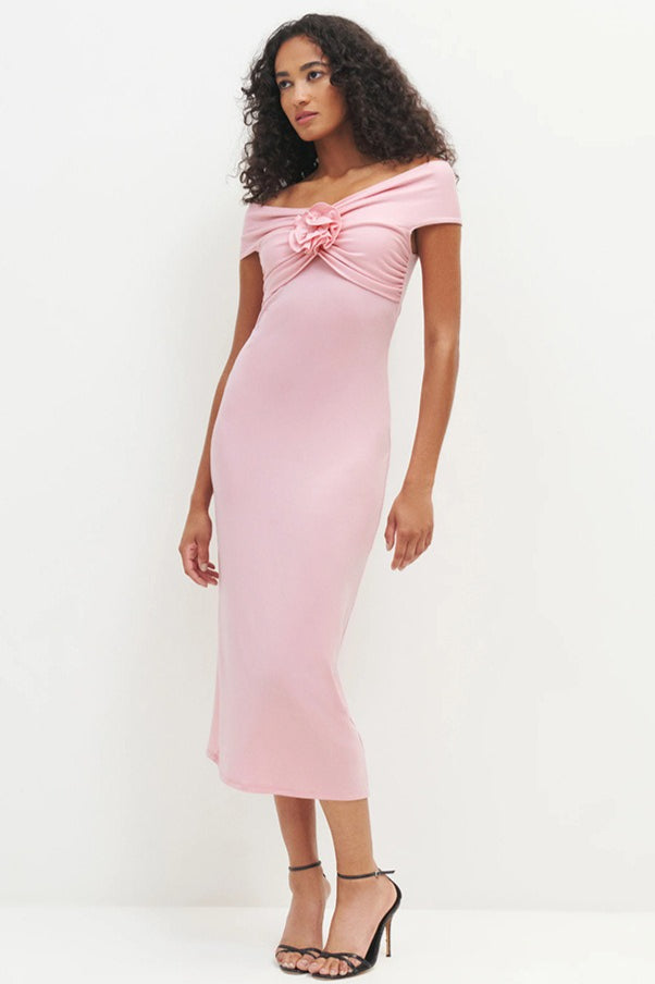 Solid Color Off-the-shoulder Knit Cocktail Dress XS / Pink