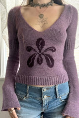 V Neck Floral Jacquard Sweater Purple / S