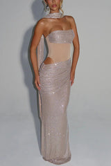 Sequin Sash Strapless Gown Dress