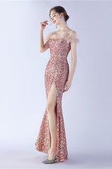 Velvet Sequin Ostrich Feather Off Shoulder Formal Dress S / Pink