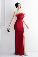 Elegant Feather Trim Strapless Formal Dress