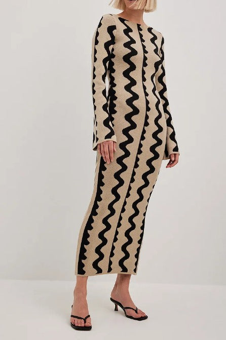 Striped Contrast Slim Knit Sweater Dress Brown / One Size