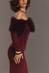 Fur Collar Off Shoulder Bodycon Dress