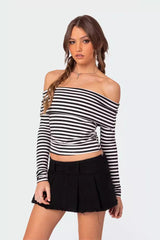 Slim Fit Striped Slit Neck Knit Top