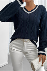 Colorblock Cable Knit V Neck Sweater Navy blue / S