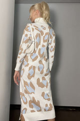 Leopard Print Turtleneck Sweater Dress Ivory / One Size