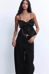 Bow Detail Rhinestone Spaghetti Strap Crop Top