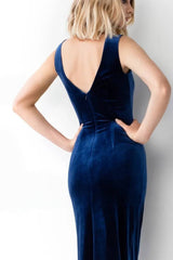 Ruched Velvet Cowl Back Evening Dress