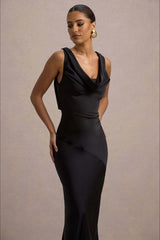 Satin Cowl Neck Fishtail Party Dress S / Black
