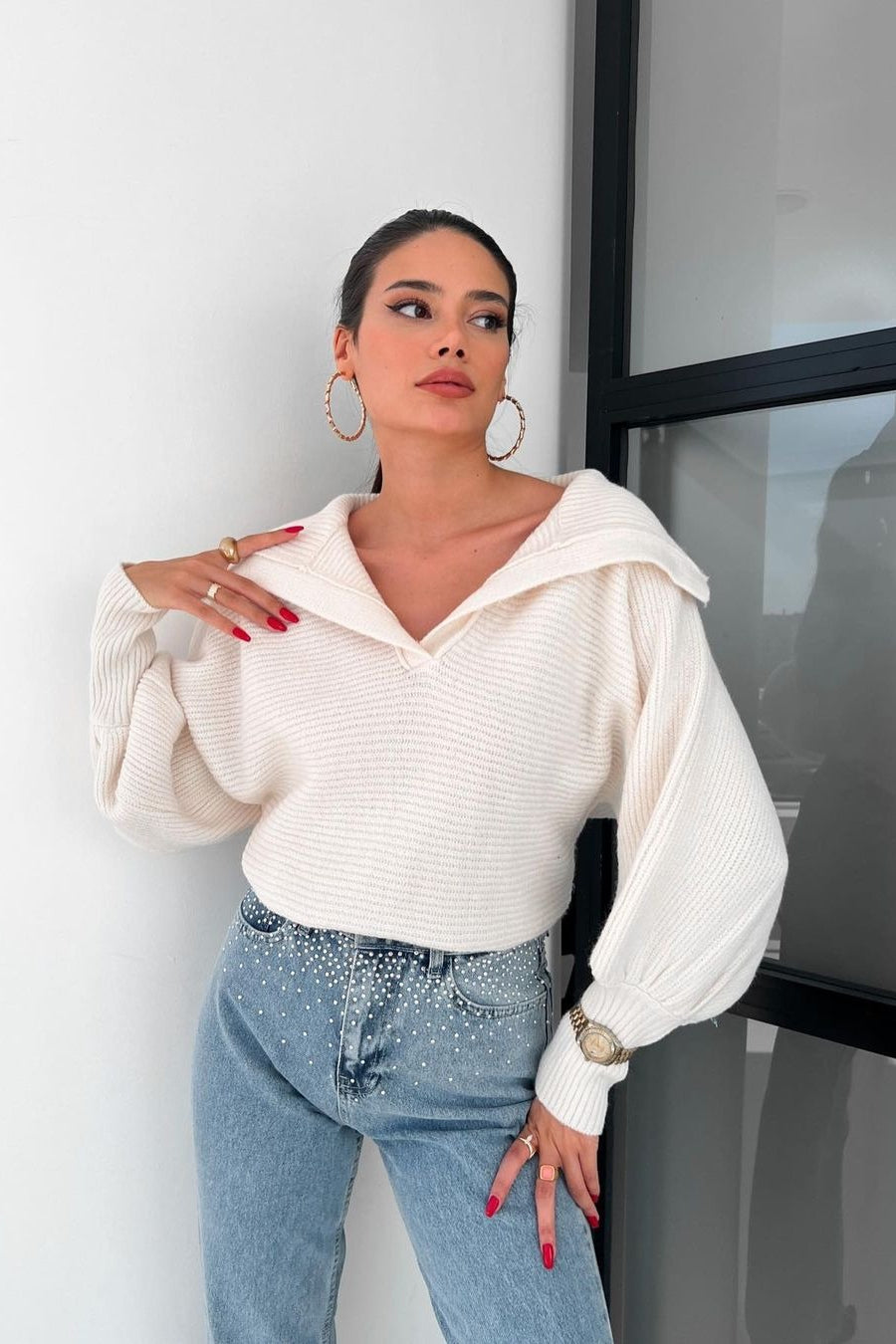 Lantern Sleeve Open Collar Knit Sweater