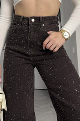 Retro Rhinestone High Waist Wide Leg Jeans