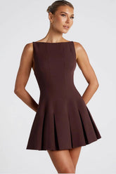 Solid Color Wide Hem Sleeveless Cocktail Dress S / Brown