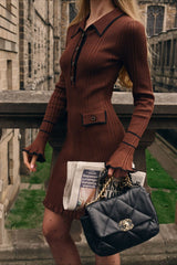 Contrast Ruffle Collar Sweater Dress S / Brown