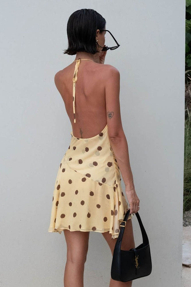 Polka Dot Chiffon Halter Backless Mini Dress