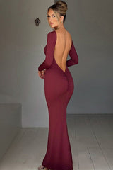 Long Sleeve Backless Bodycon Formal Dress S / Claret