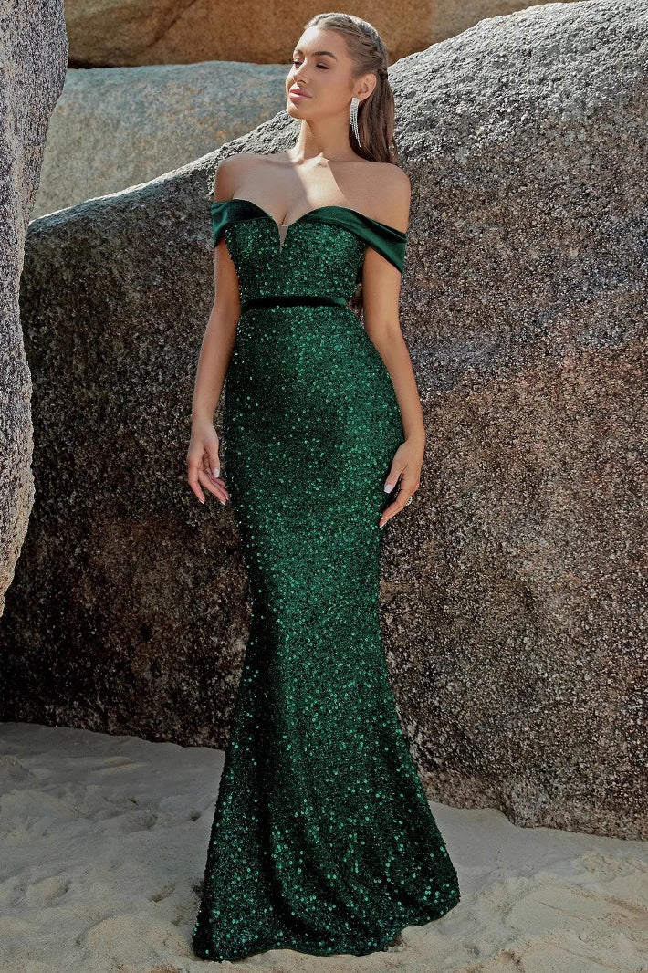 Sequin Off Shoulder Slit Formal Dress S / Green
