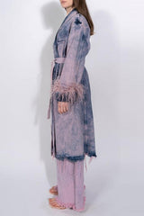 Denim Ostrich Feather Trim Belted Overcoat