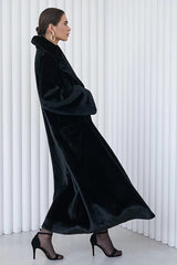 Long Notched Lapel Belted Rabbit Faux Fur Overcoat