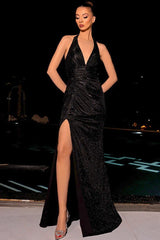 Shimmer V Neck Halter Slit Formal Dress S / Black