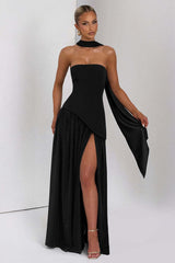 Solid Bustier High Slit Formal Dress S / Black