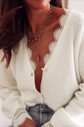 Lace Trim V Neck Cardigan S / White