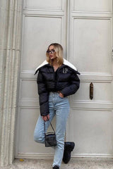 Polar Fleece Patchwork Faux Fur Collar Puffer Jacket