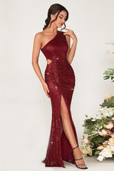 One Shoulder Sequin Split Party Dress XS / Red