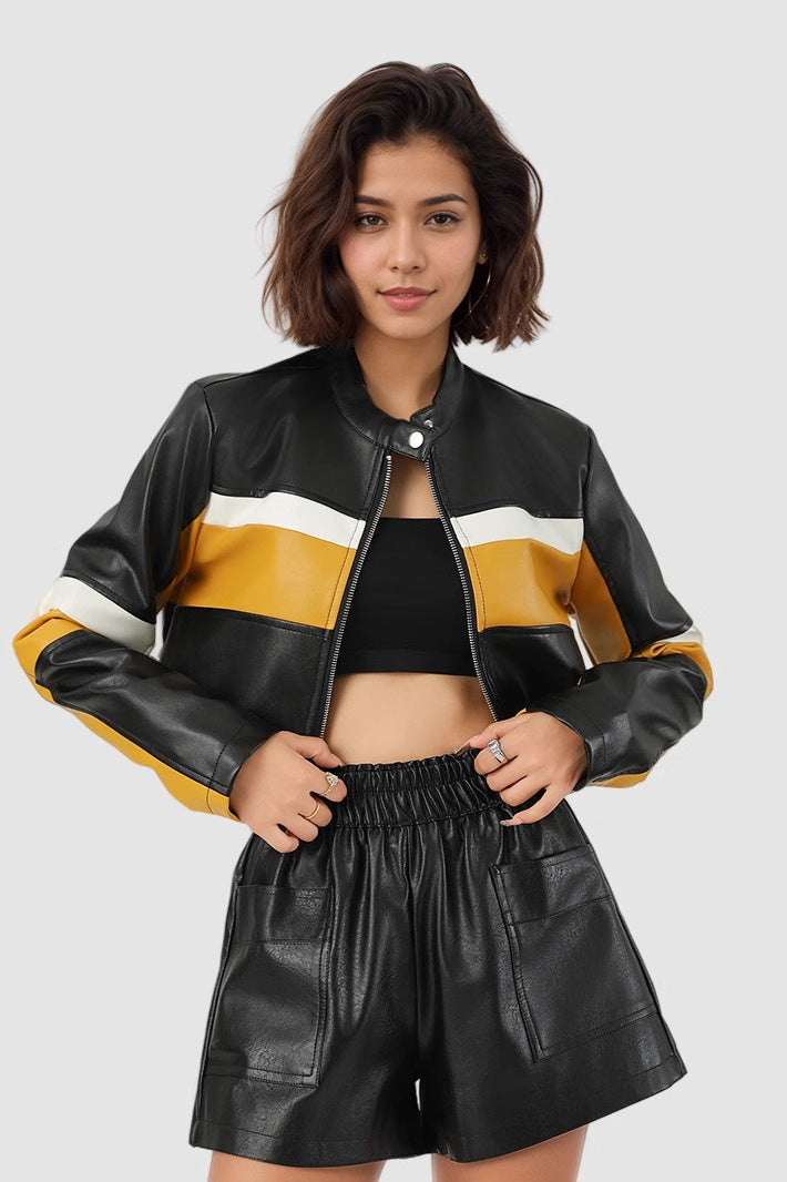 Colorblock PU Cropped Jacket