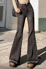 Slim Fit Elastic Bell Bottom Jeans Black Grey / XS