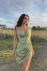 Satin V-Neck Bustier Slit Cocktail Dress S / Green