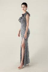 Draped One Shoulder Ruffle Formal Dress