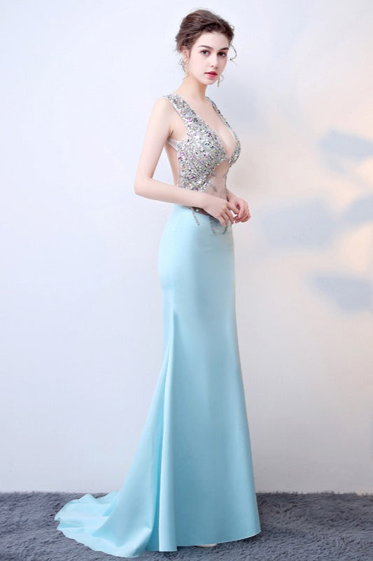 Sheer Blue Deep V Neck Maxi Party Dress