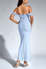 Boned Mesh Ruched Backless Formal Dress