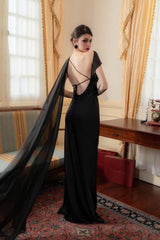 Elegant Satin Slant Neck Sheath Formal Dress