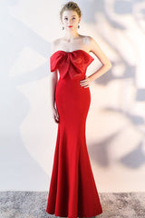 Bow Strapless Mermaid Maxi Party Dress Red / S