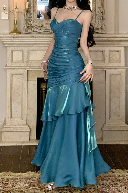 Satin Ruffle Trim Party Dress S / Blue