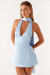 Deep V Backless Ribbon Cocktail Dress S / Blue