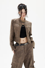 Cropped Biker Style Leather Jacket